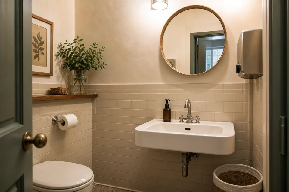 Warm single-user cafe restroom with cream tile