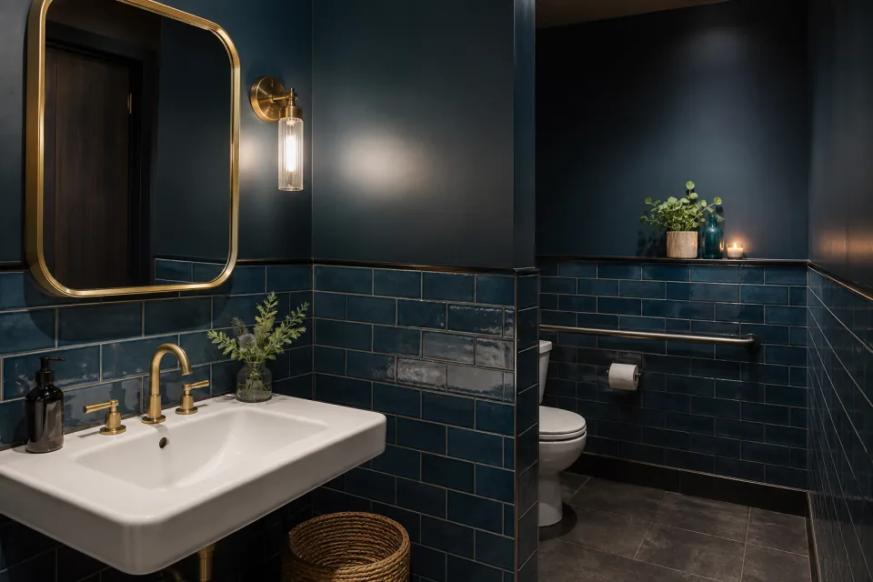 Polished city cafe restroom with navy tile