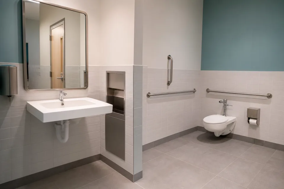 Bright accessible public restroom with pale tile
