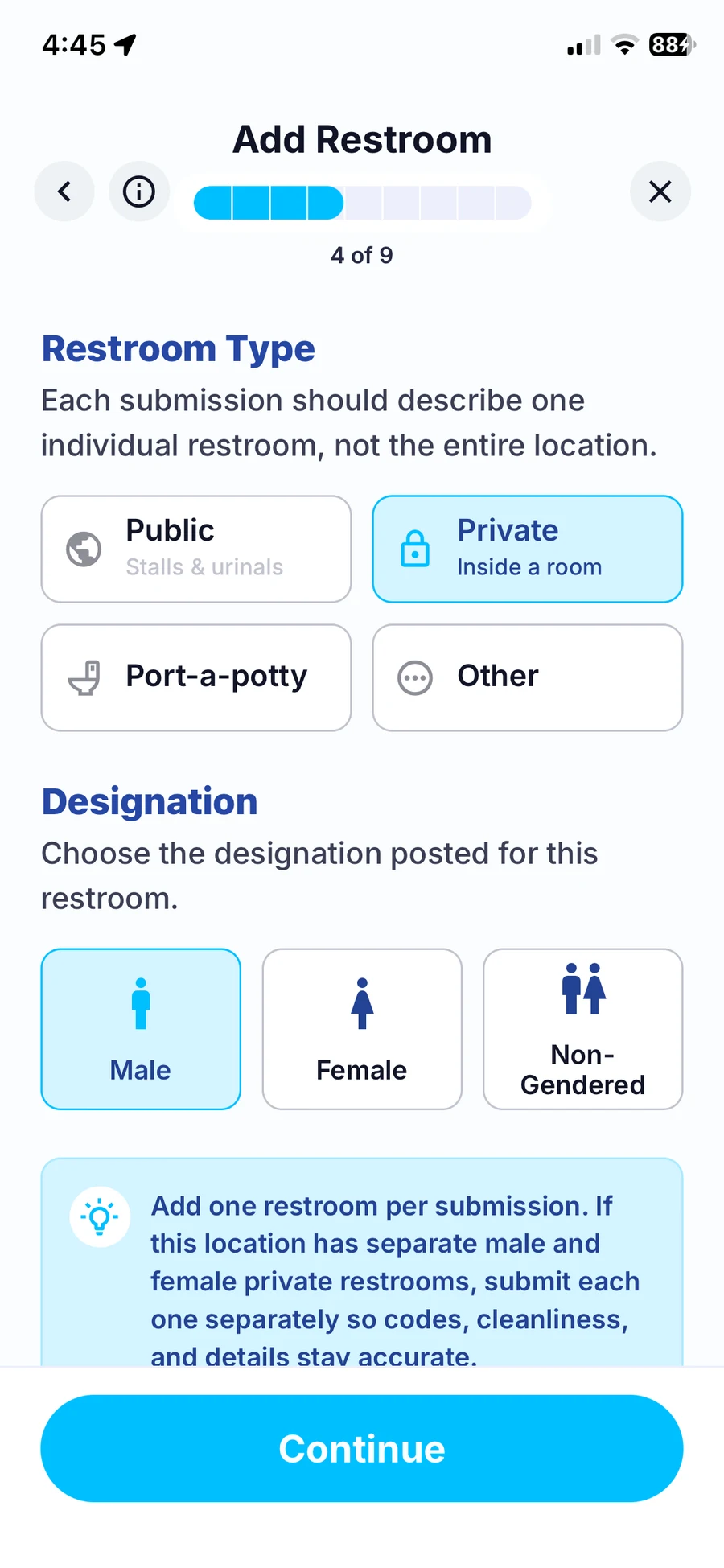 Crapp Add Restroom flow showing type and designation fields