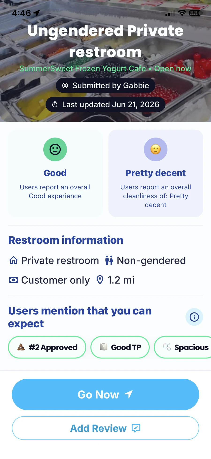 Crapp restroom details with cleanliness ratings, private restroom type and access requirements