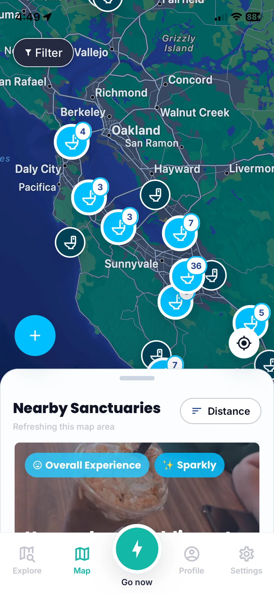 Crapp beta map showing nearby restrooms around the Bay Area