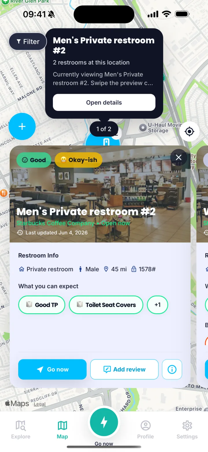 Crapp beta map showing nearby restrooms in San Francisco