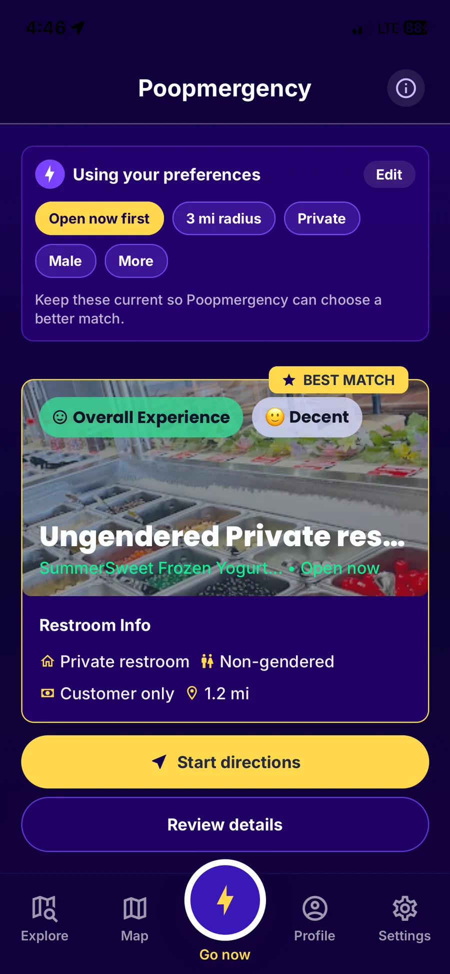 Poopmergency showing preferences, a best match, and directions